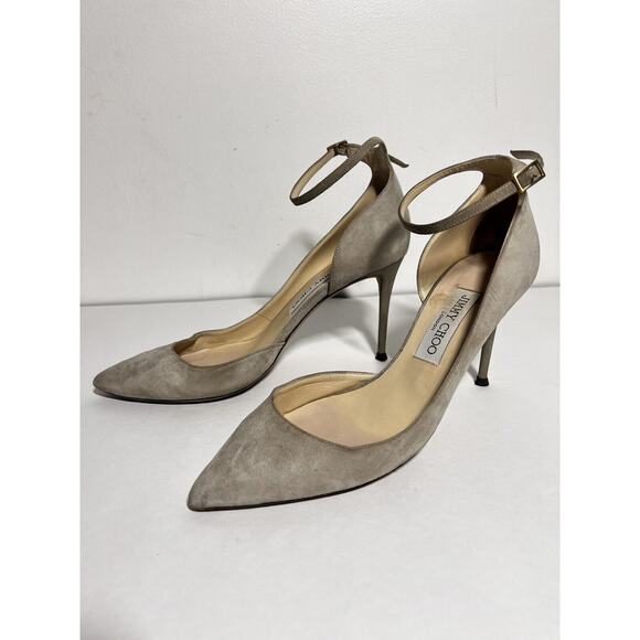 Jimmy Choo Beige Suede Lucy Ankle Strap Pointed Toe D'Orsay Pump Heel 9 US 39 EU - Picture 1 of 7
